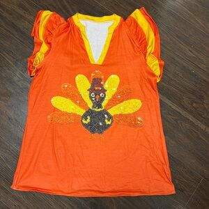 NWOT Thanksgiving TURKEY YELLOW ORANGE SHORT SLEEVES RUFFLE V NECK